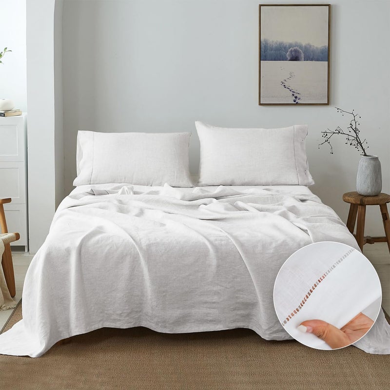 Simple&Opulence 100% French Linen Sheet Set Handmade Hemstitch-4 Pcs Natural Flax Farmhouse Bed Sheets(1 Flat Sheet 1 Fitted Sheet 2 Pillowcases)-Solid Color Soft Breathable Bedding-White, Queen - Image 1